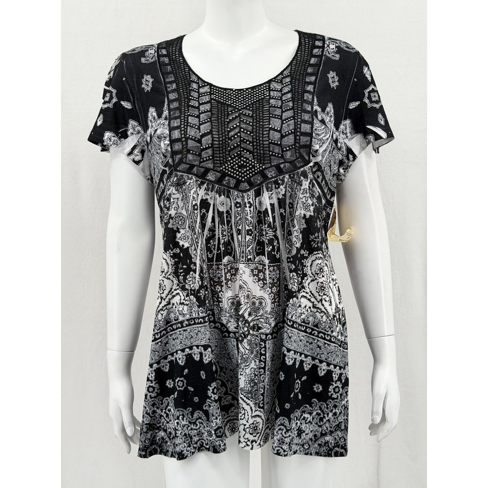 ONE WORLD Black and Gray Patterned Tunic